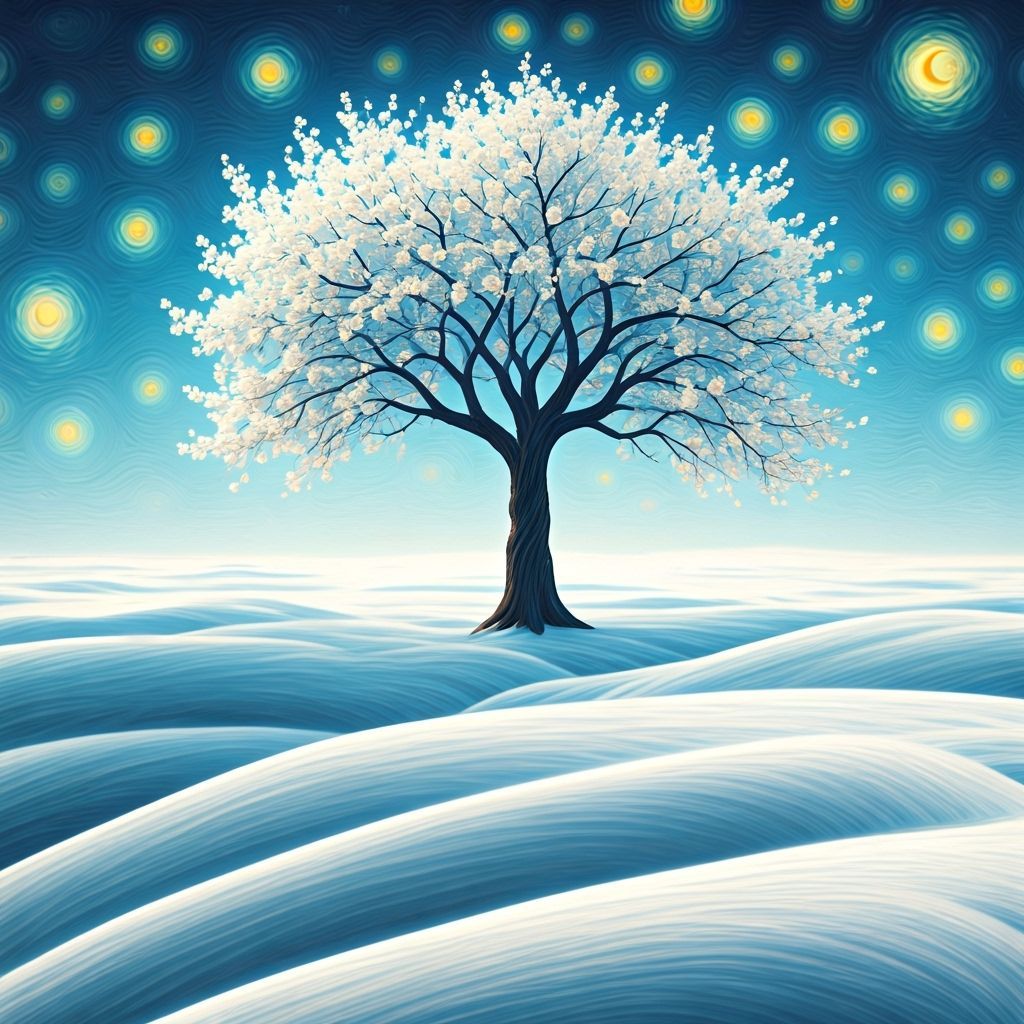 Surreal Winter Landscape with Luminous Cherry Tree
