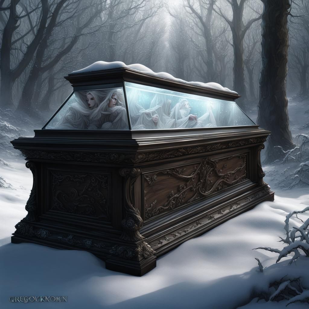 Glass Coffin in Snowy Woods: Dark Fantasy Art