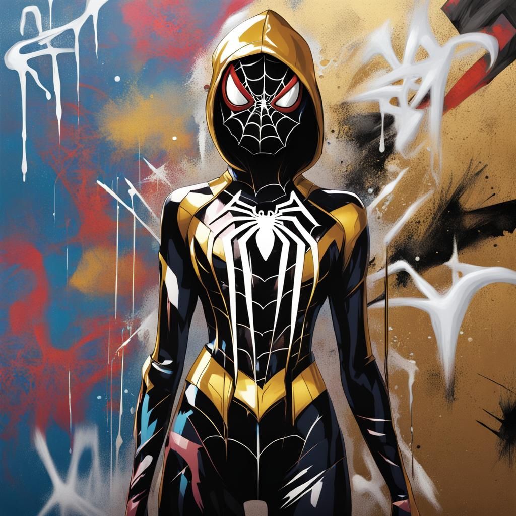 Spider-Girl in White, Black, and Gold: Graffiti Art