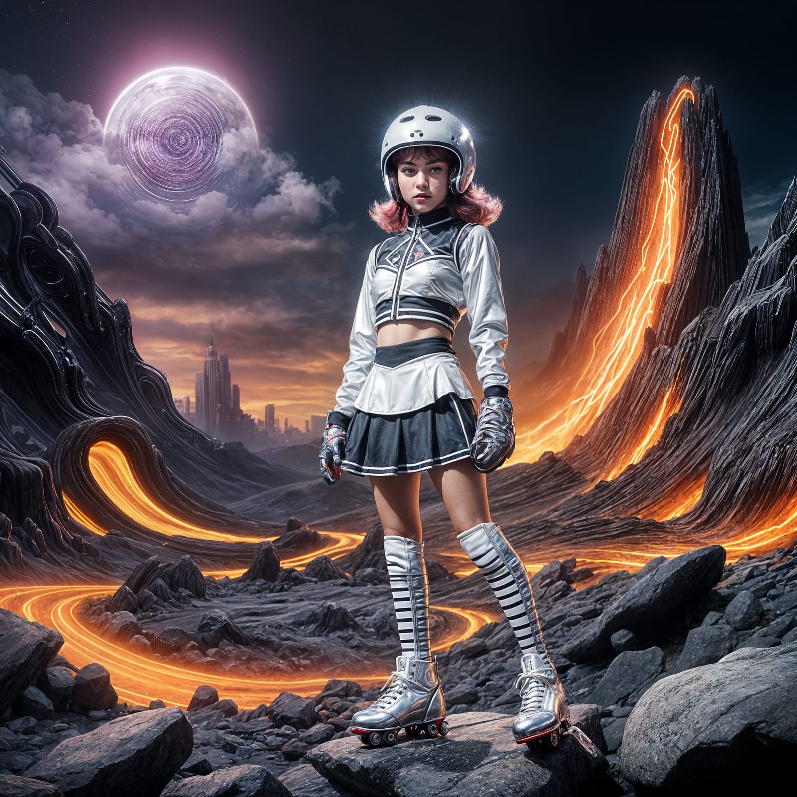 Girl in Steel Roller Skates with Red Wheels