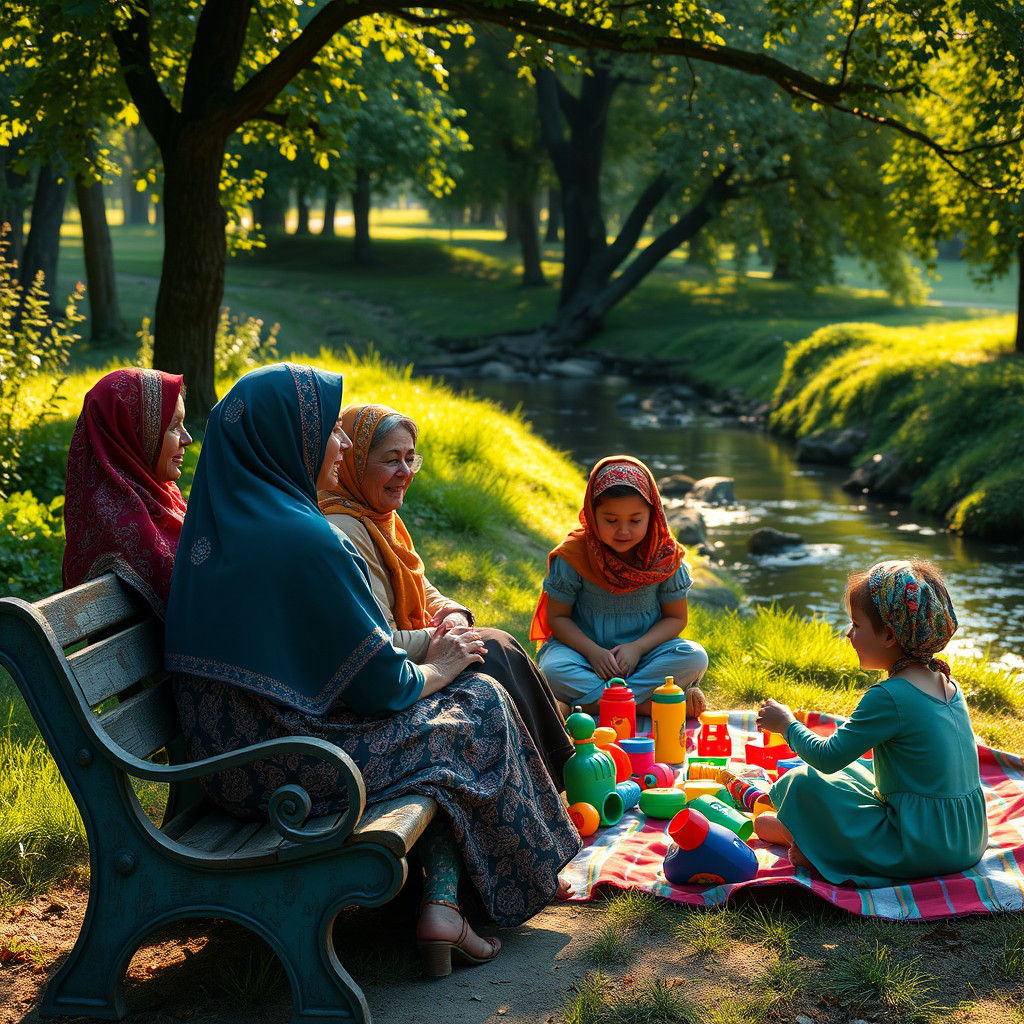 Women Chatting in Park, Dreamlike Matte Painting