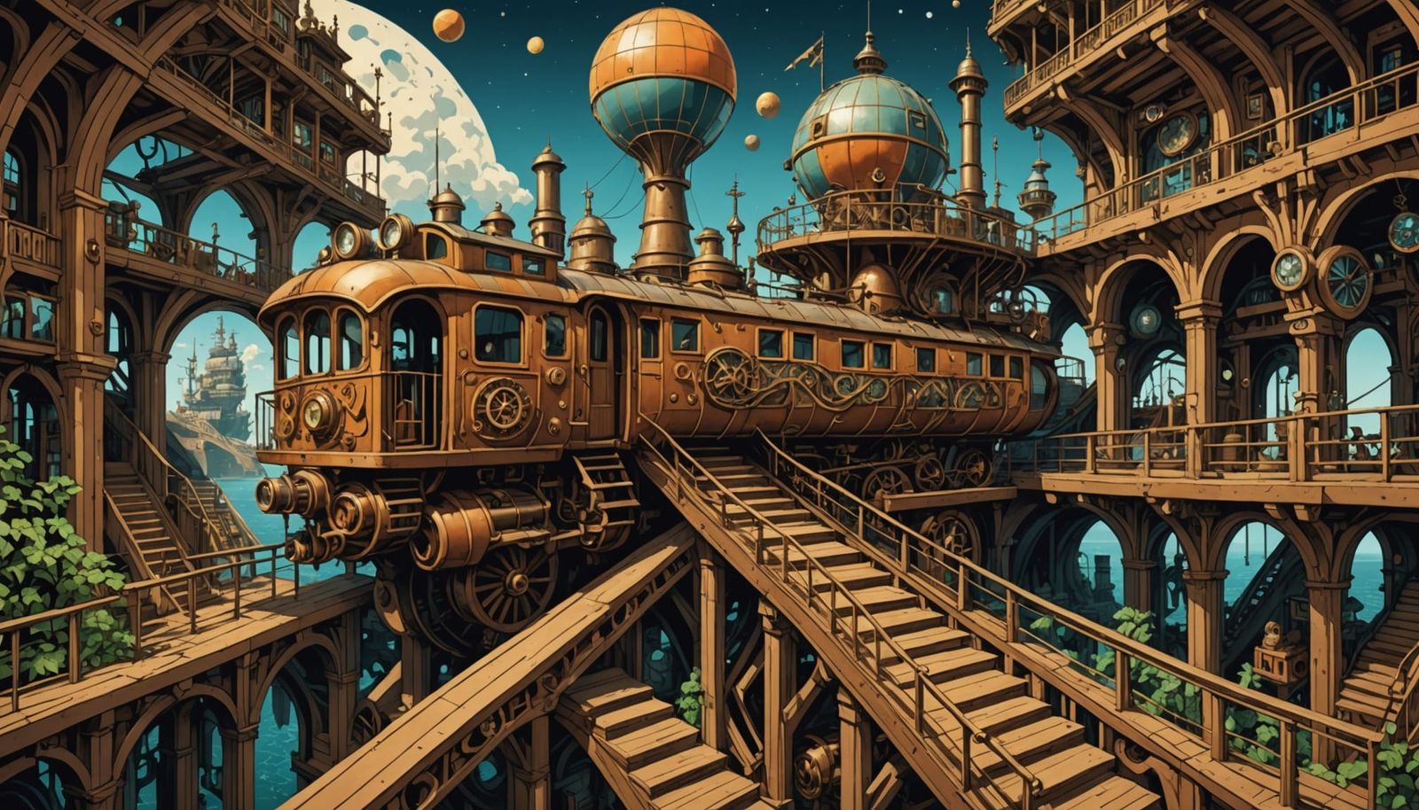 Psychedelic Steampunk Starship in Escher Style