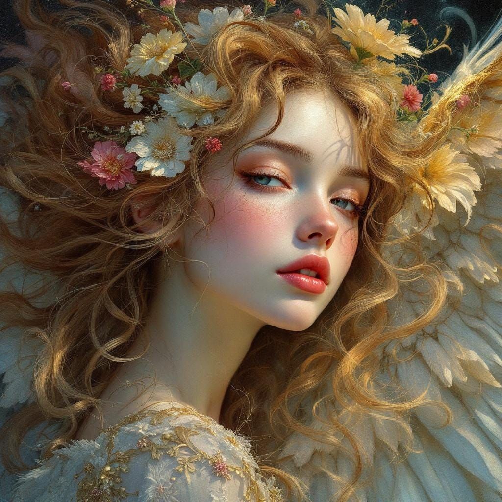Gorgeous Angel with Delicate Features in Art Nouveau Style