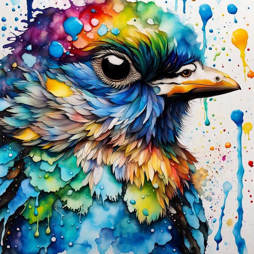 Colorful Baby Bird Portrait in Mixed Media Ink Splatter Art