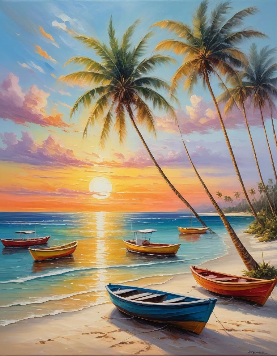Serene Beach Scene with Colorful Boats: Oil Painting