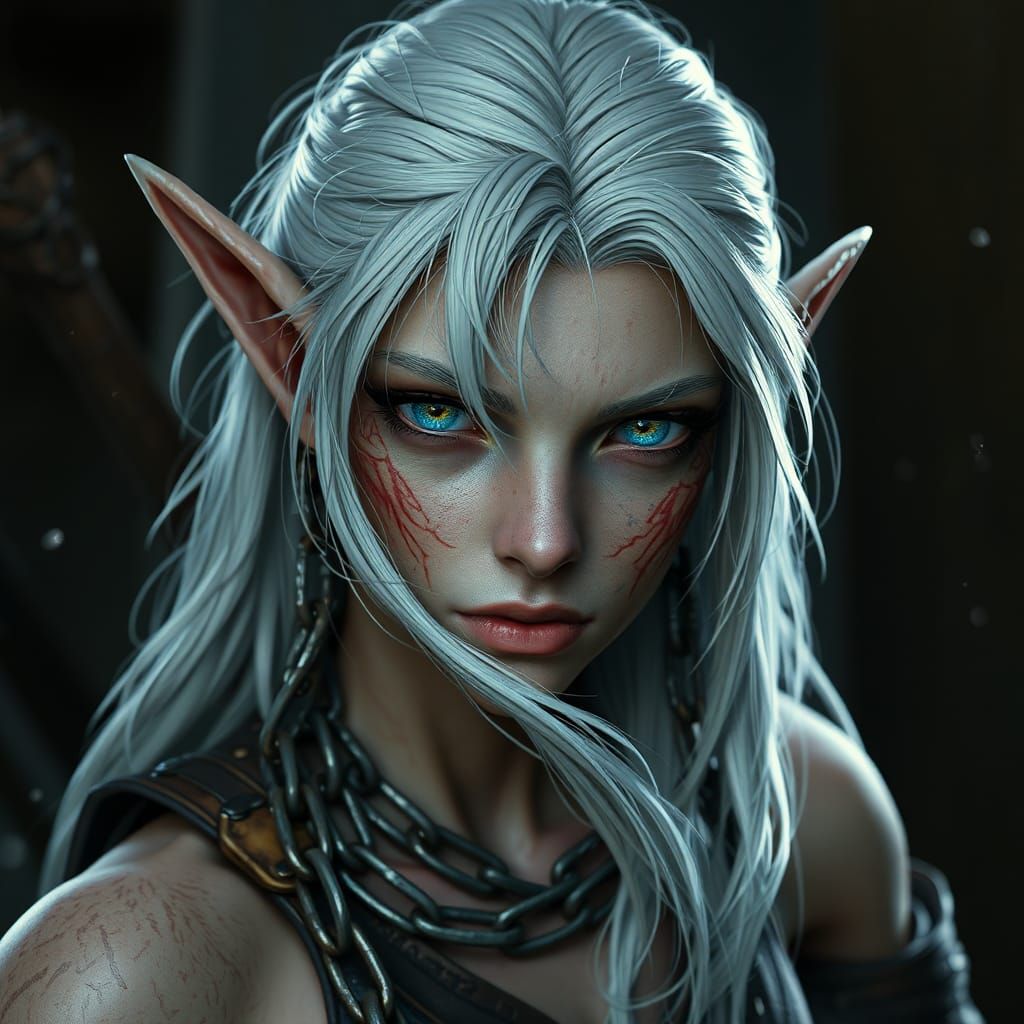 White-Haired Wood-Elf Female in Chains: Fantasy Art
