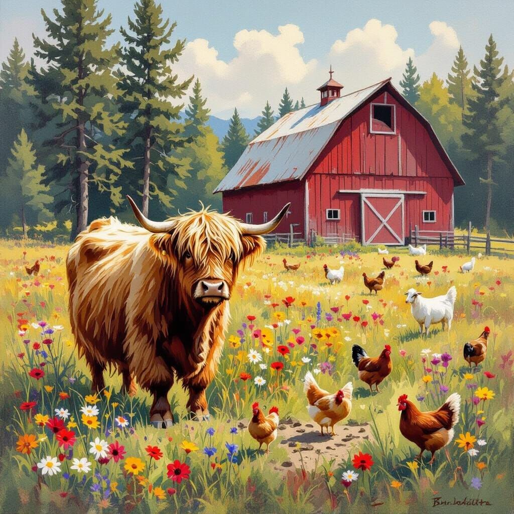Highland Cow in Wildflower Field with Barnyard Animals