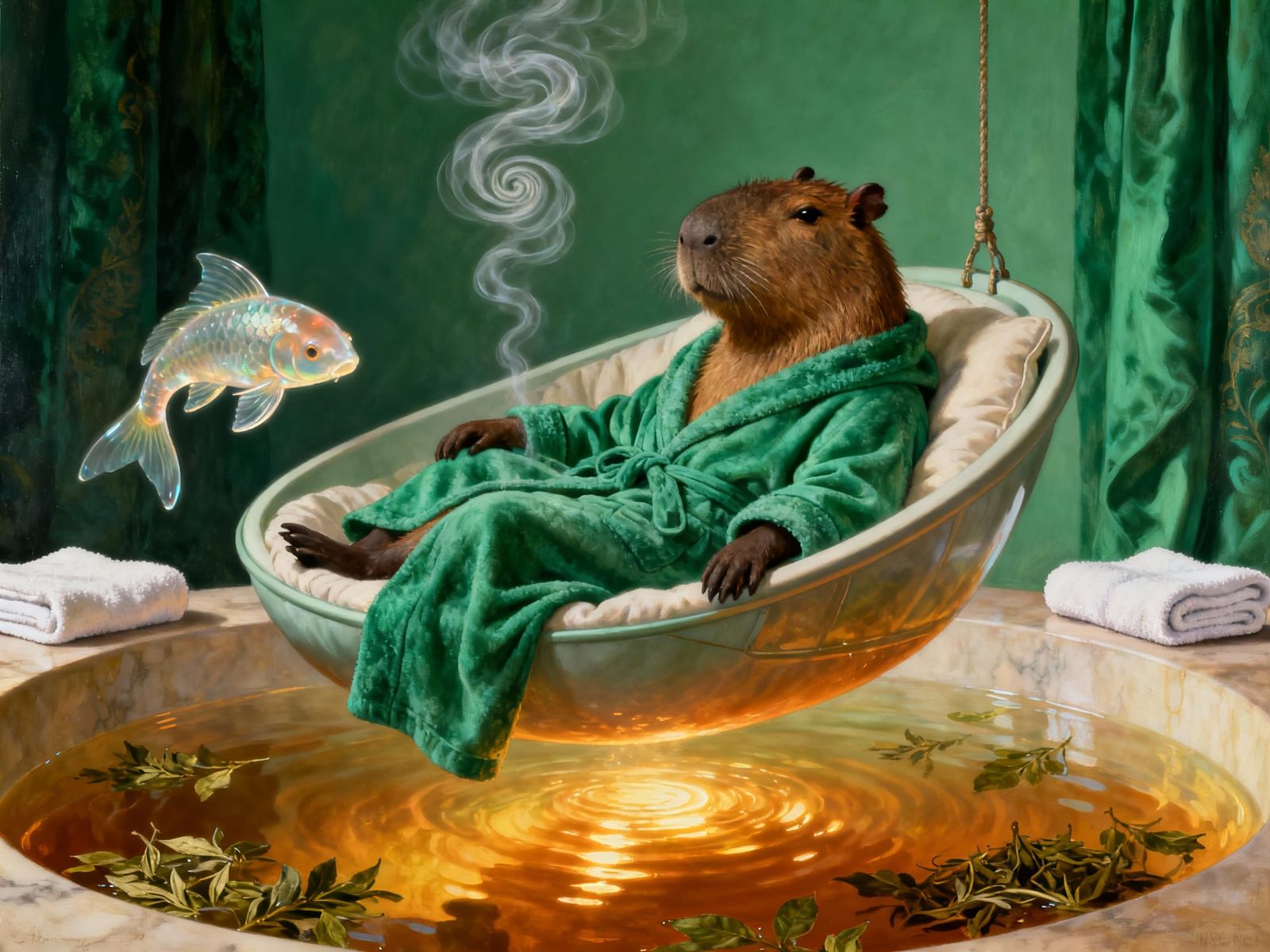 Capybara in Emerald Robe Relaxing in Floating Herbal Tea Spa...