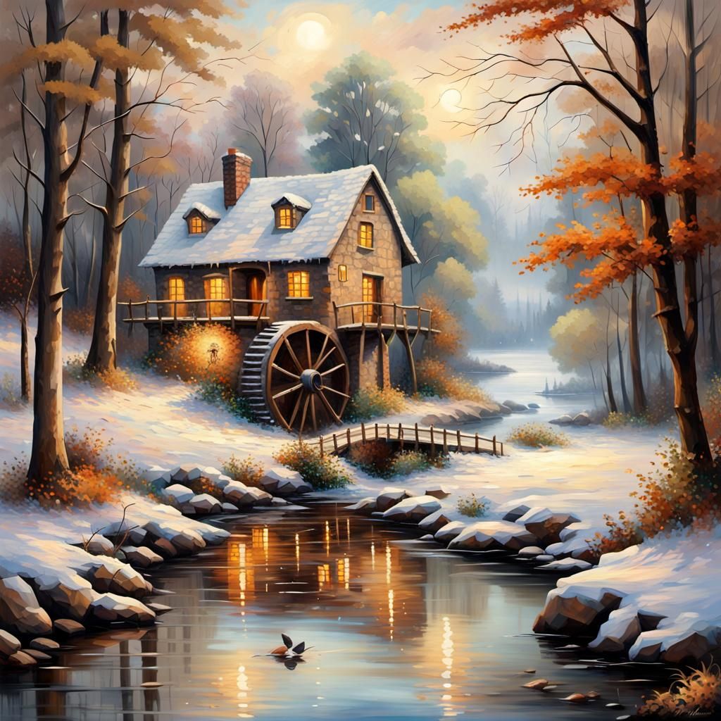 Snowy Cottage in Forest as Impasto Mosaic