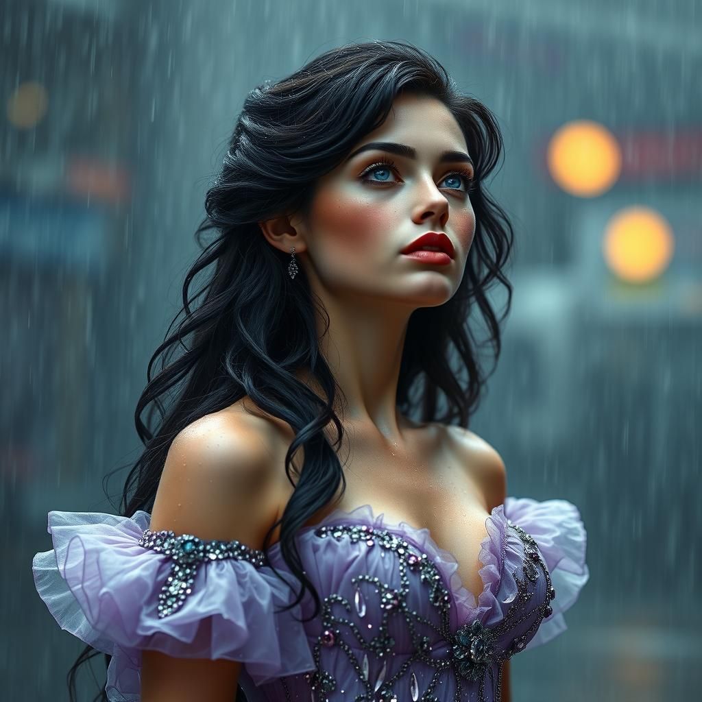 Resilient Woman in Rain, Photorealistic Victorian Style