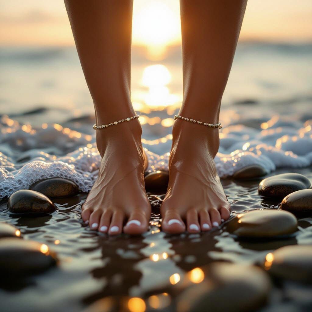 Artistic Portrait of Woman's Feet by Water in Golden Light