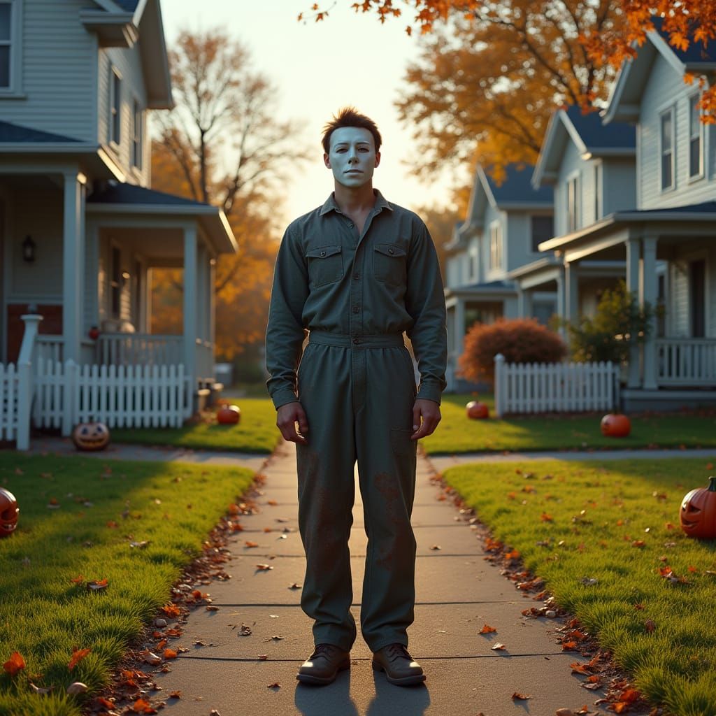 Suburban Autumn Street with Mysterious Figure, Hyperrealisti...