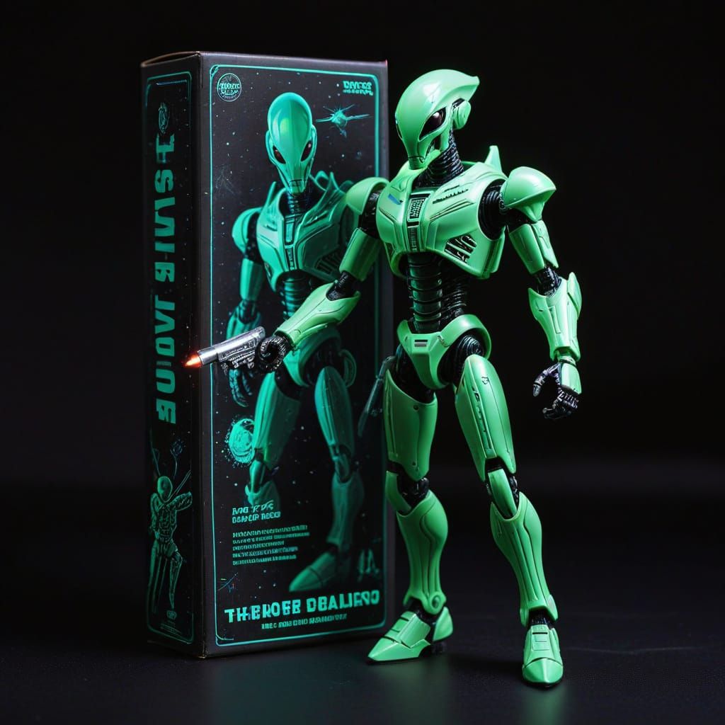 Retro Sci-Fi Action Figure Box Art in Classic 1960s Style