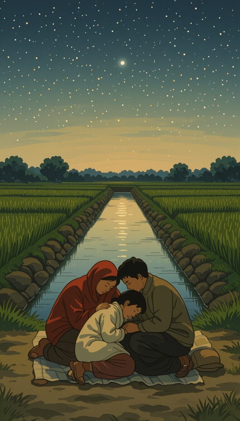 Serene Family Scene Under Starry Night