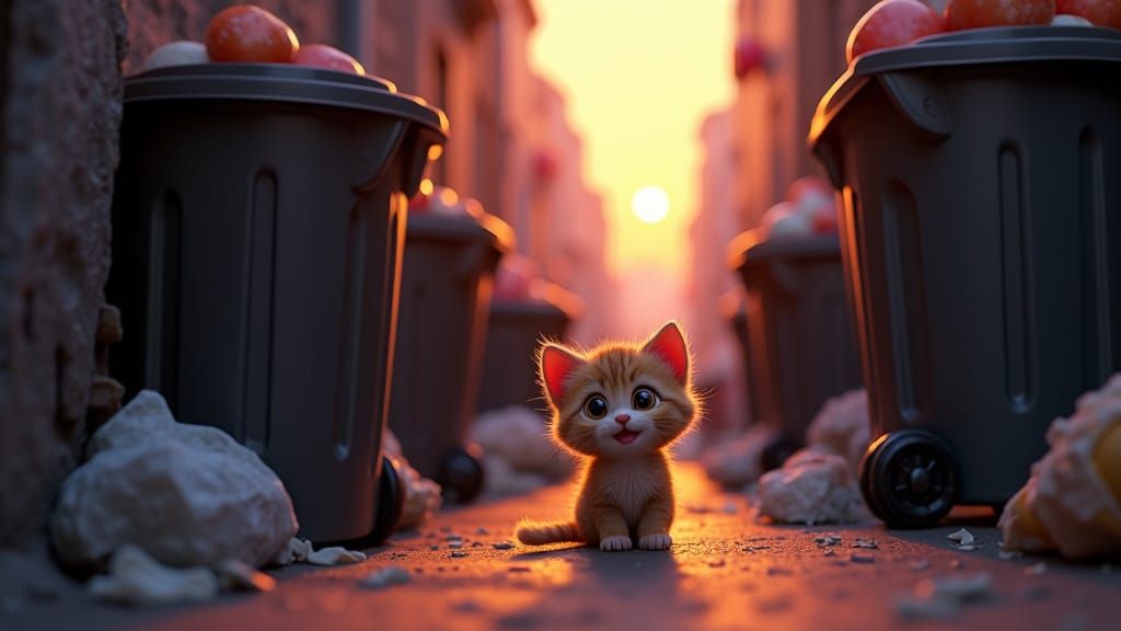 Tiny Kitten in Alleyway: Pixar-Inspired 3D Digital Art