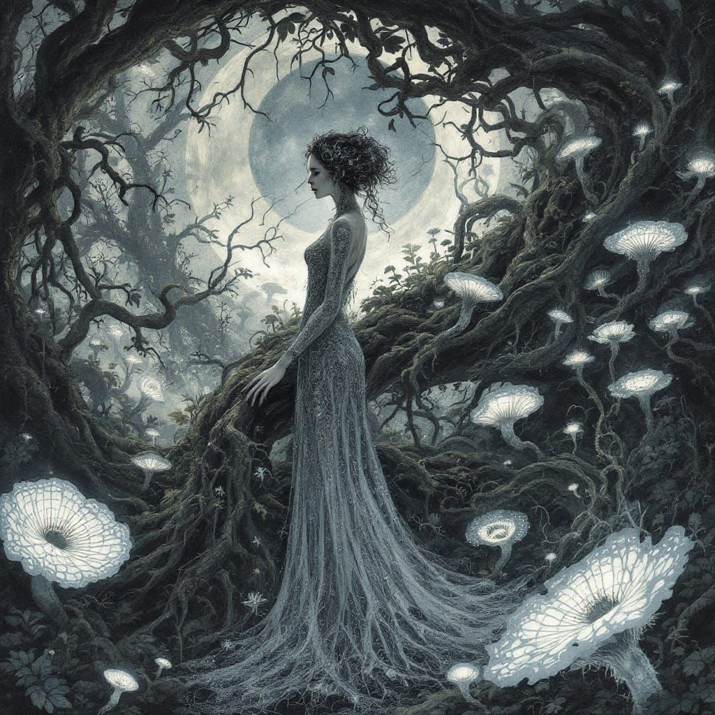 Ethereal Neo-Gothic Goddess in Biomechanical Dreamscape