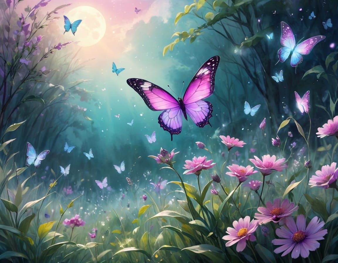 Whimsical Fantasy Garden Blooms with Magical Butterflies