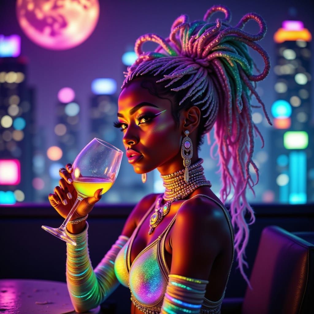 Striking Woman in Neon Cyberpunk Cityscape
