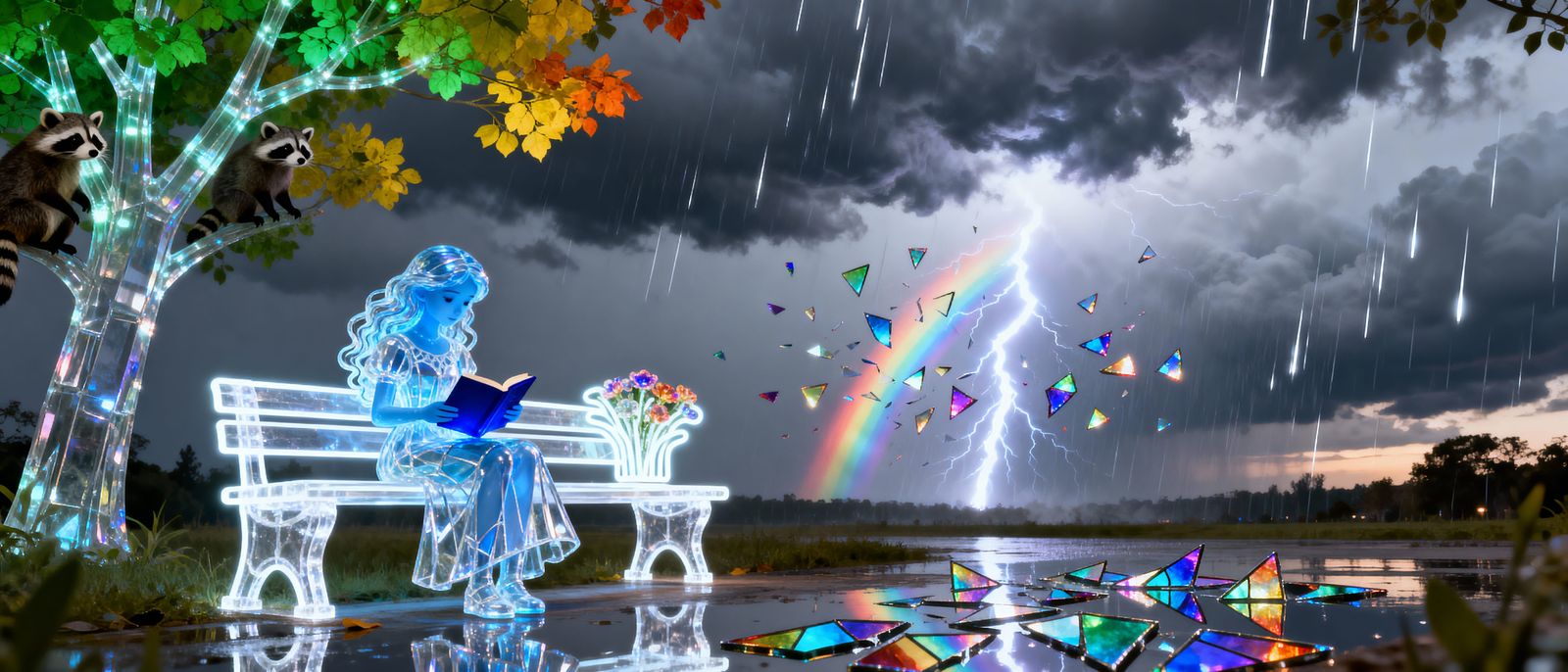 Blue Glowing Girl with Book on Neon Bench