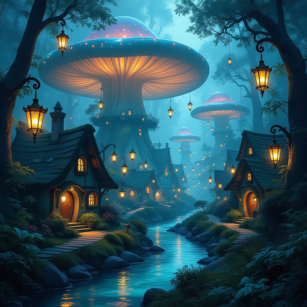 Hidden Village in Bioluminescent Mushroom Forest