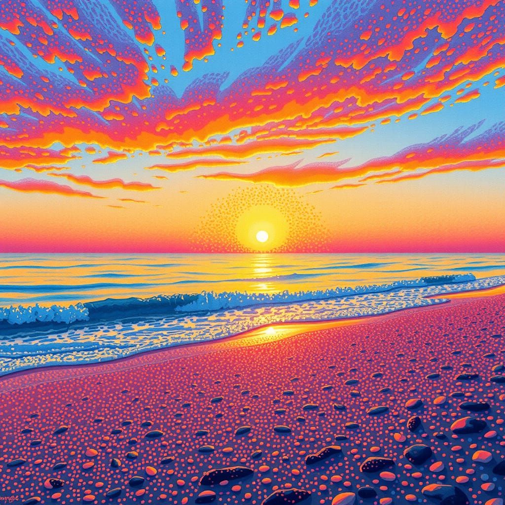 Pointillist Beach Sunset in Warm Colors