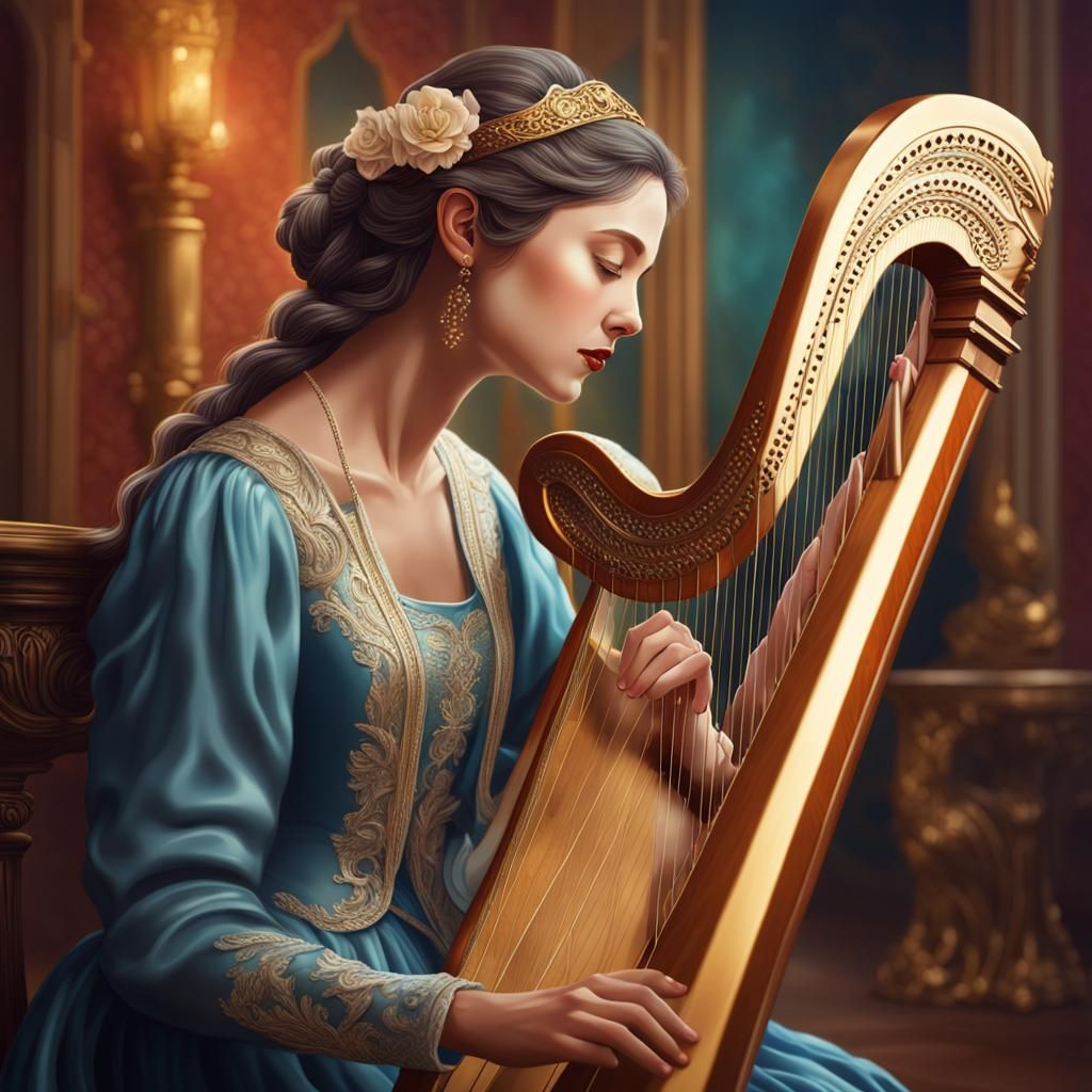 Elegant Lady Playing Harp in Hyperrealistic Style