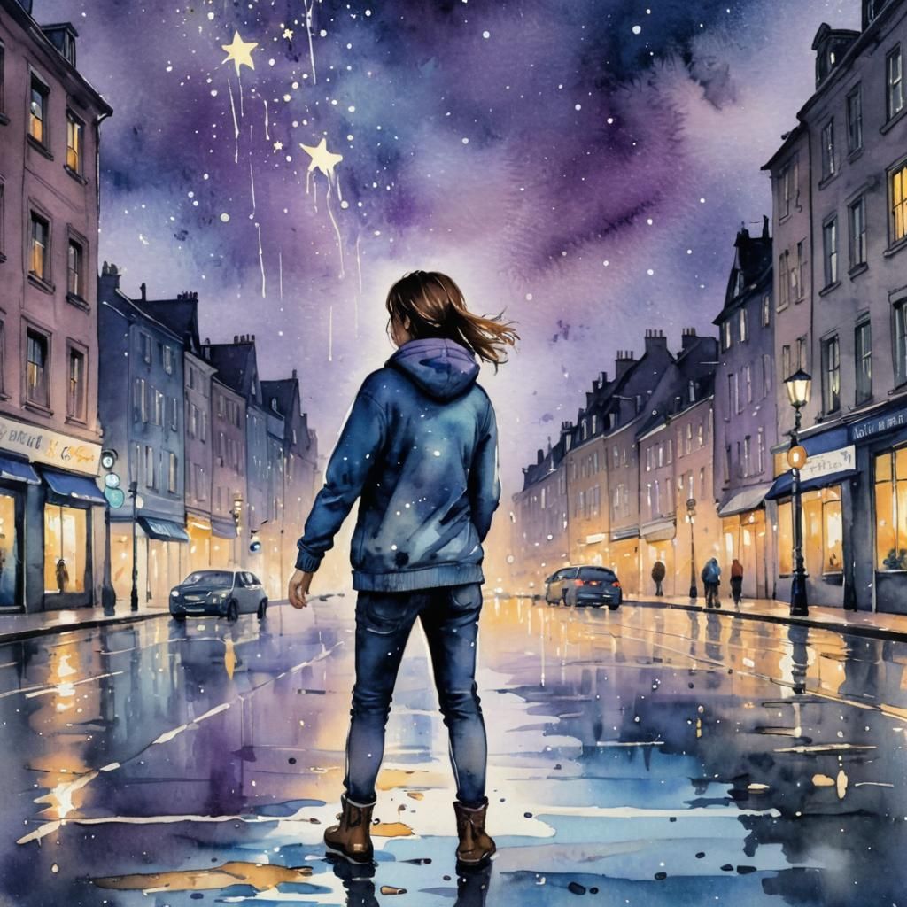 Falling Star Over Rainy City, Ink Illustration