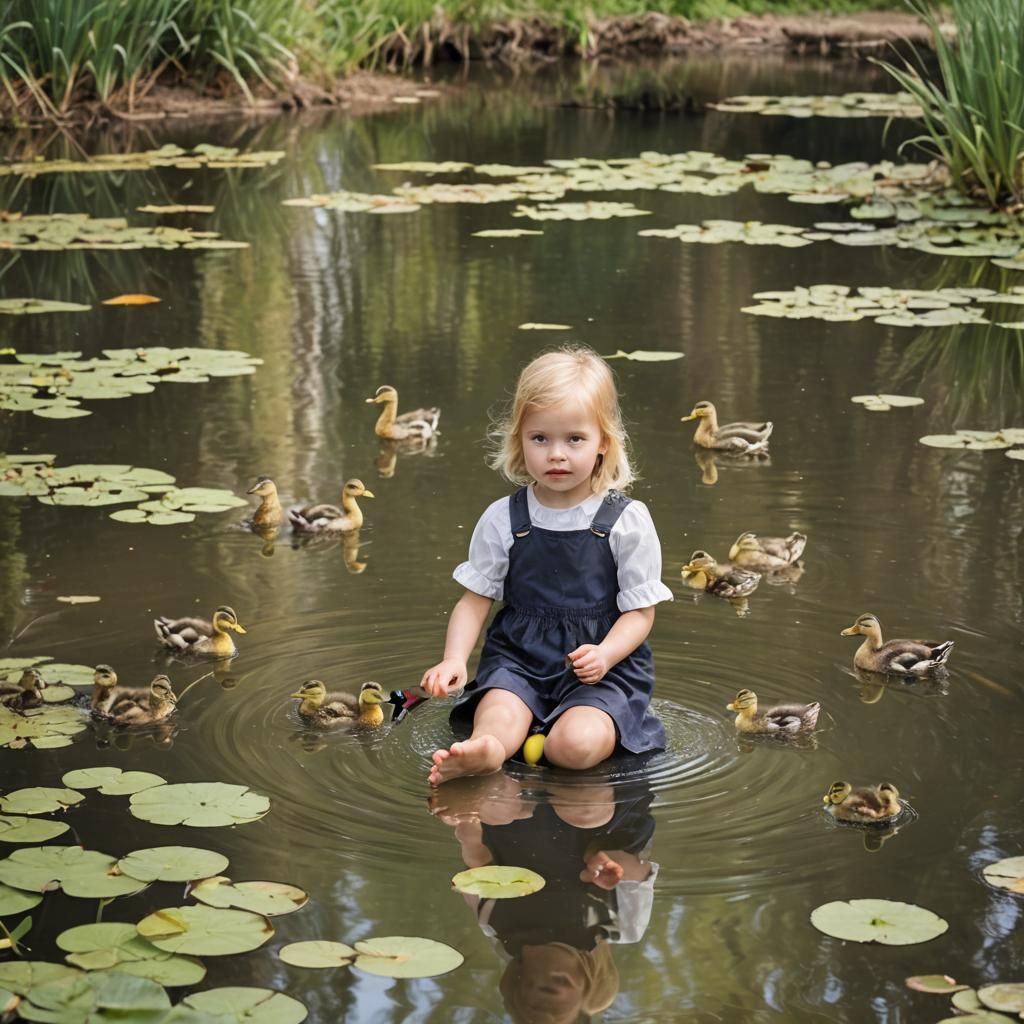 Girl by Pond Watching Ducks in Water