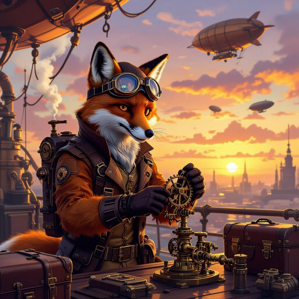 Steampunk Fox Aviator on Airship Dock at Sunset