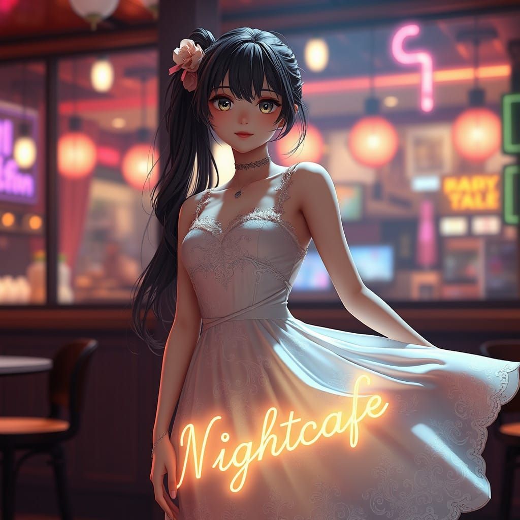 Anime Girl in Pastel Dress Embroidered with Neon Cafe Sign