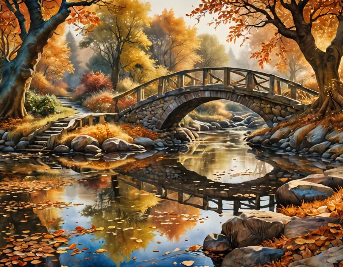 Autumn Landscape with Cobblestone Bridge in Watercolor Style
