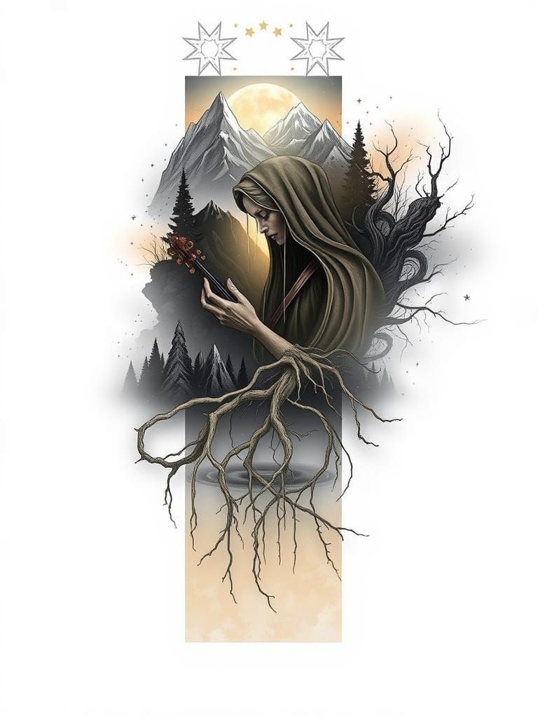 Mountains and Goddess Under Mystic Sky