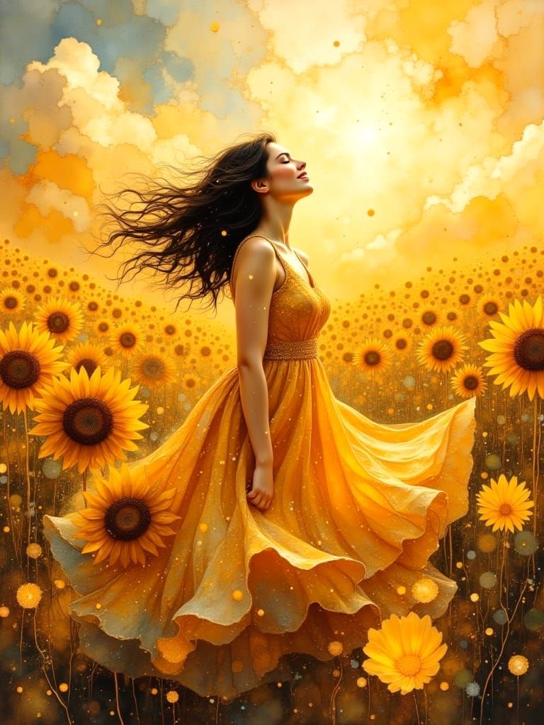 Joyful Woman Dancing in Sunflower Field at Golden Hour