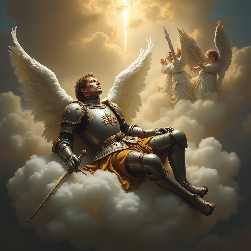 Knight Supported by Angels in Ethereal Realism