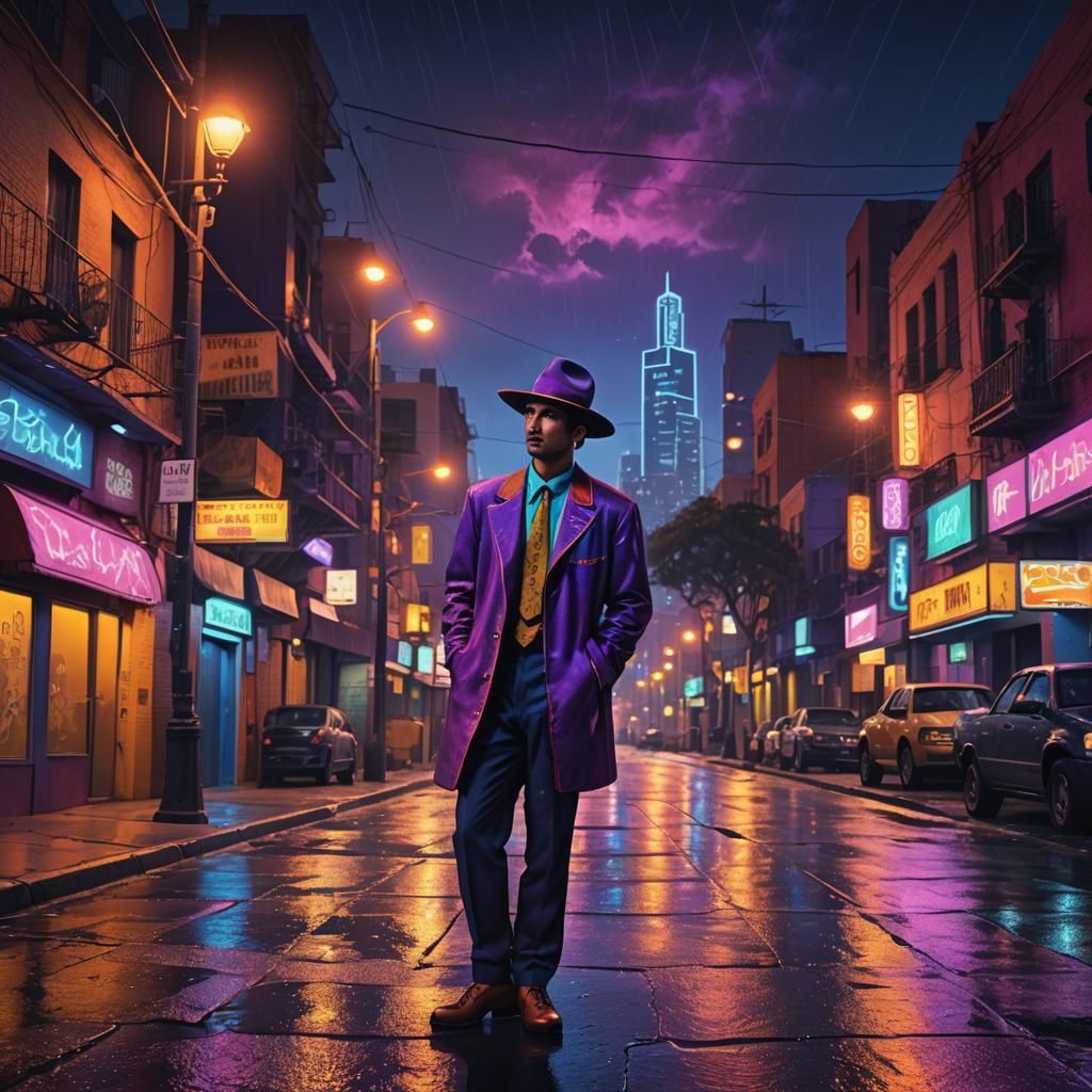 Mexican Zoot Suiter in Dystopian Cityscape