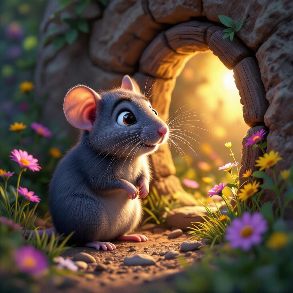 Pixar Style 3D Mouse Peeking from Burrow Entrance