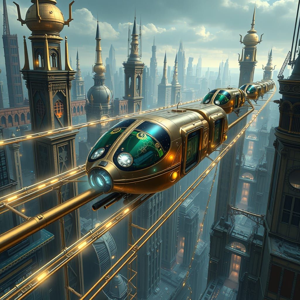 Futuristic Cityscape with Arcane Skyrails in Steampunk Style