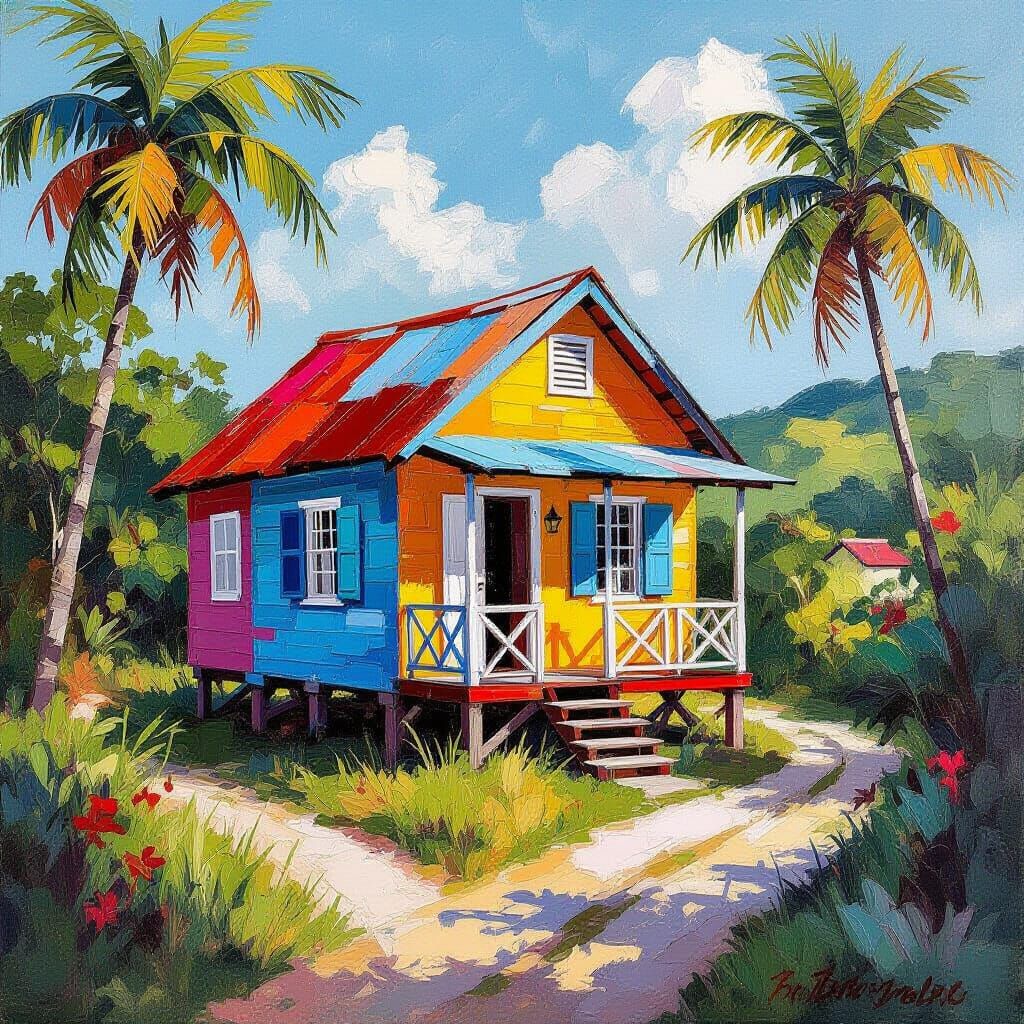 Colorful Chattel House in Barbadian Folk Art Style