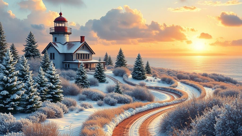 Winter Lighthouse Amidst Snowy Rural Farm Landscape