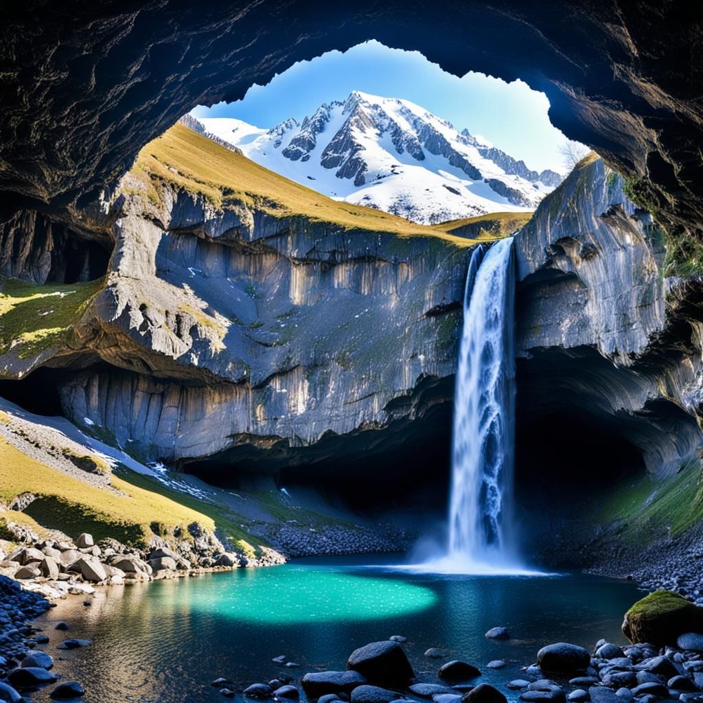 Cave View of Snow Mountain and Waterfall