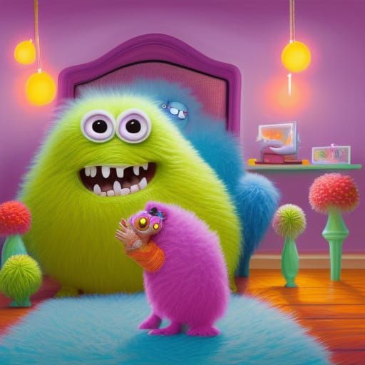 Adorable Monster in Bedroom, 3D Digital Art