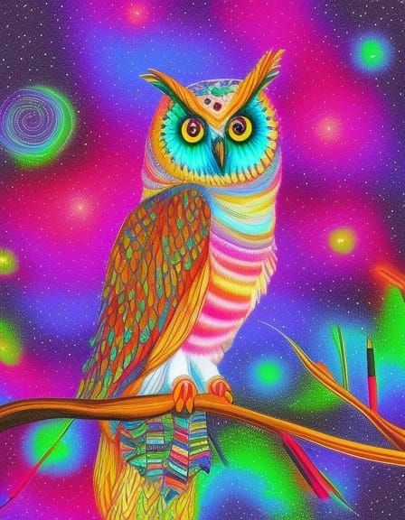 Colorful Cosmic Owl on Branch, Airbrush Style