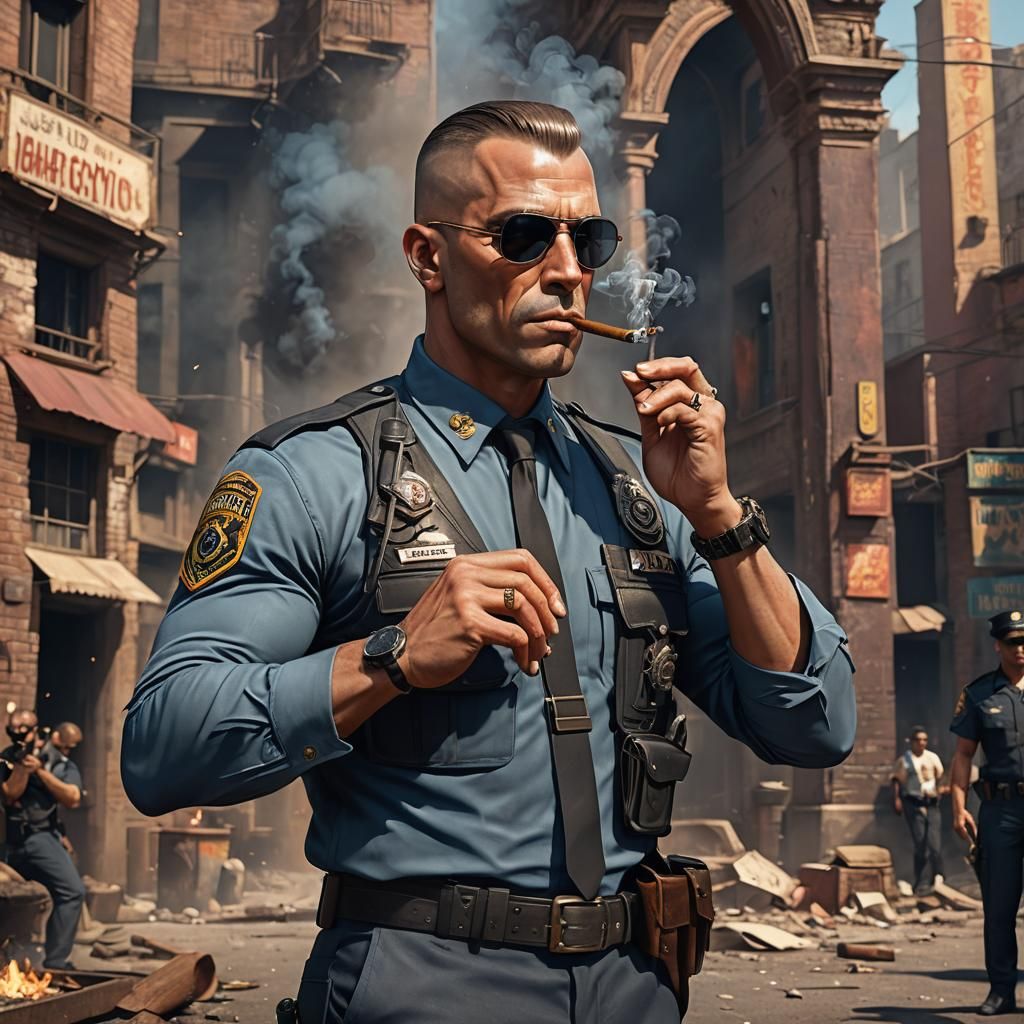 Muscular Cop Smoking Cigar in Detailed Matte Painting