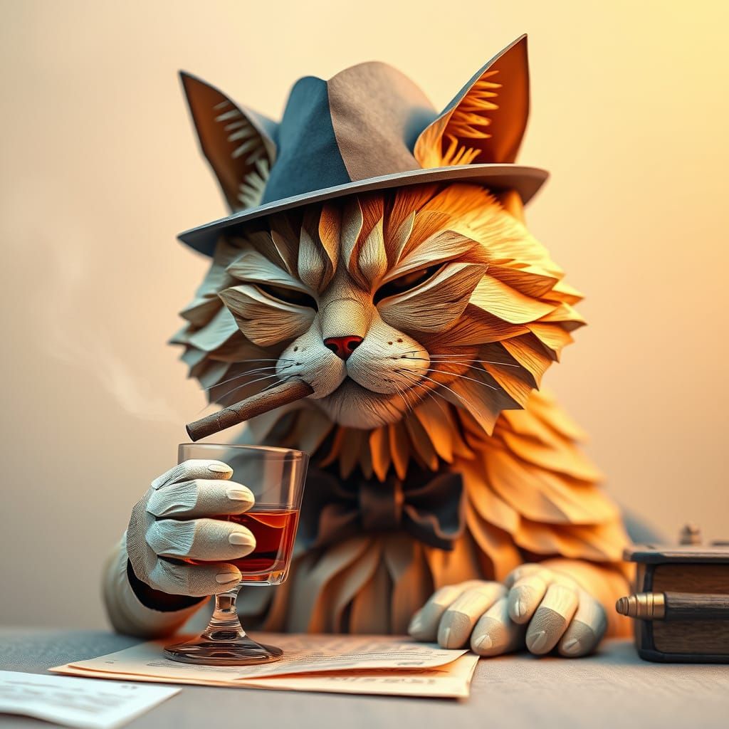 Whimsical Origami Cat in Vintage Style