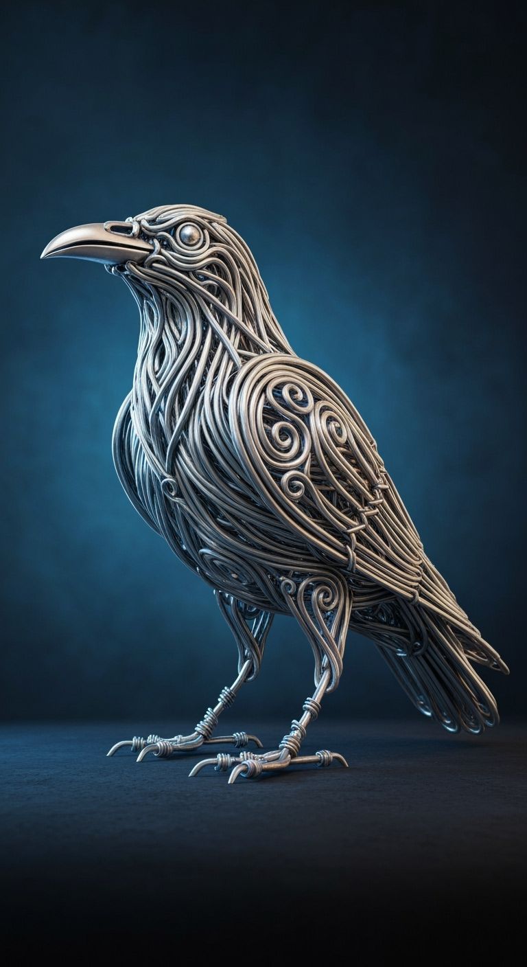 Detailed Aluminum Wire Raven Sculpture in 8K