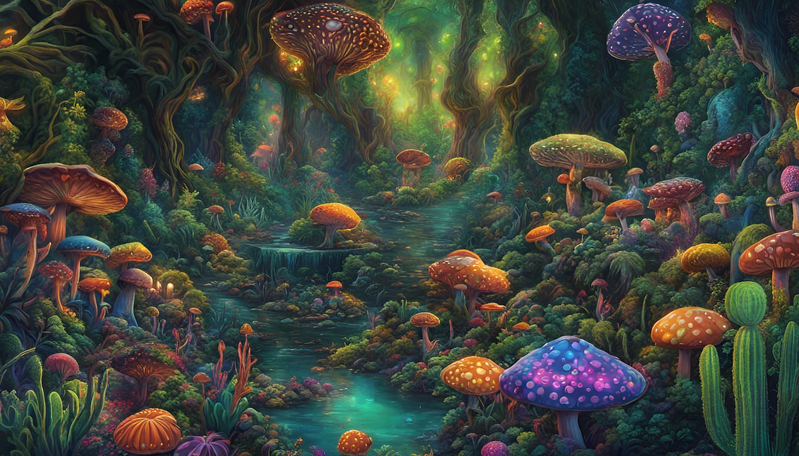 Psychedelic Jungle Wonderland with Trippy Mushrooms