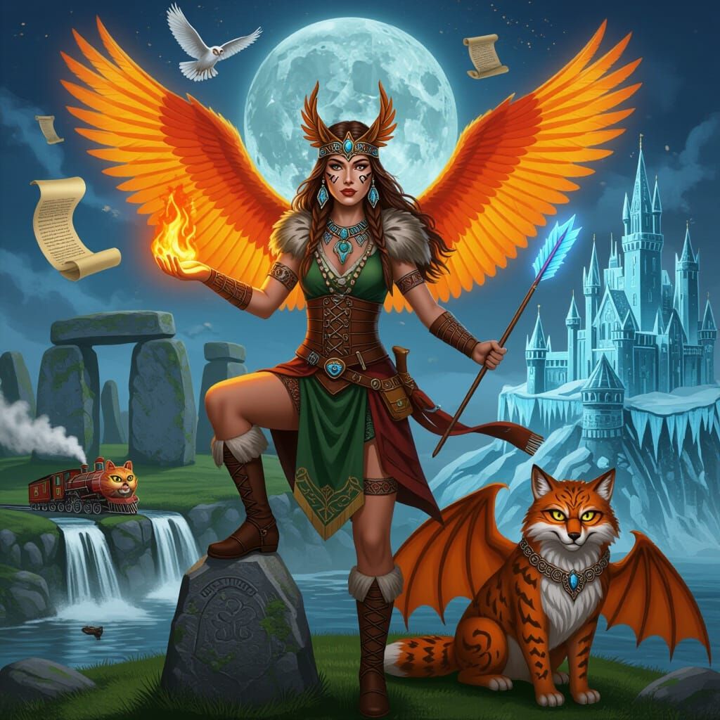 Goddess Warrior with Phoenix Wings and Flaming Arrow