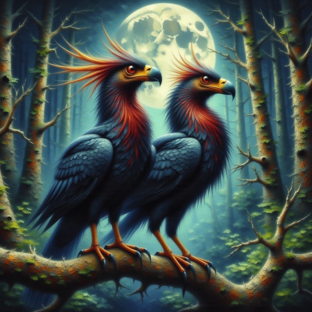 Regal Twin Bird of Legend in Impasto Oil Style