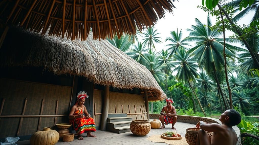 Traditional Papua Honai House in Vibrant Tropical Setting