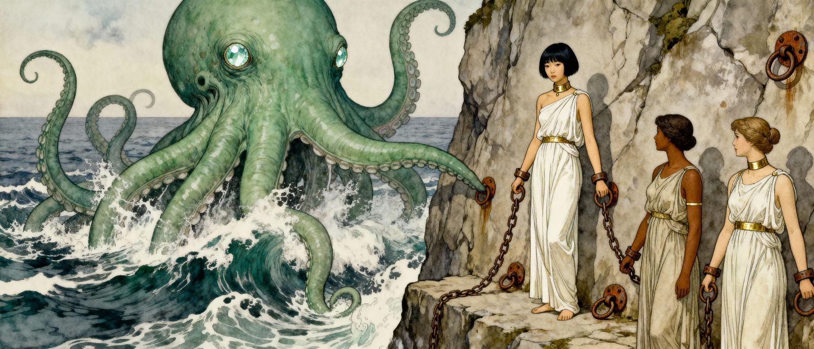 Korean Woman Faces Sea Monster on Cliffside in Gothic Style